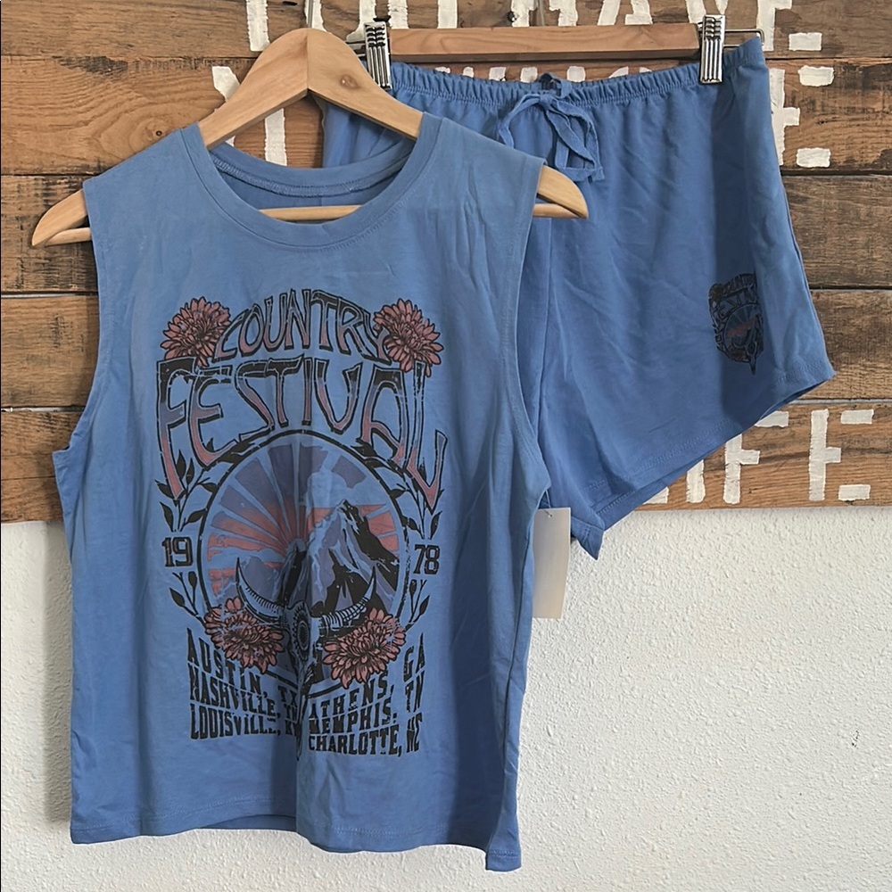 Blue Country Festival Tank and Shorts Set